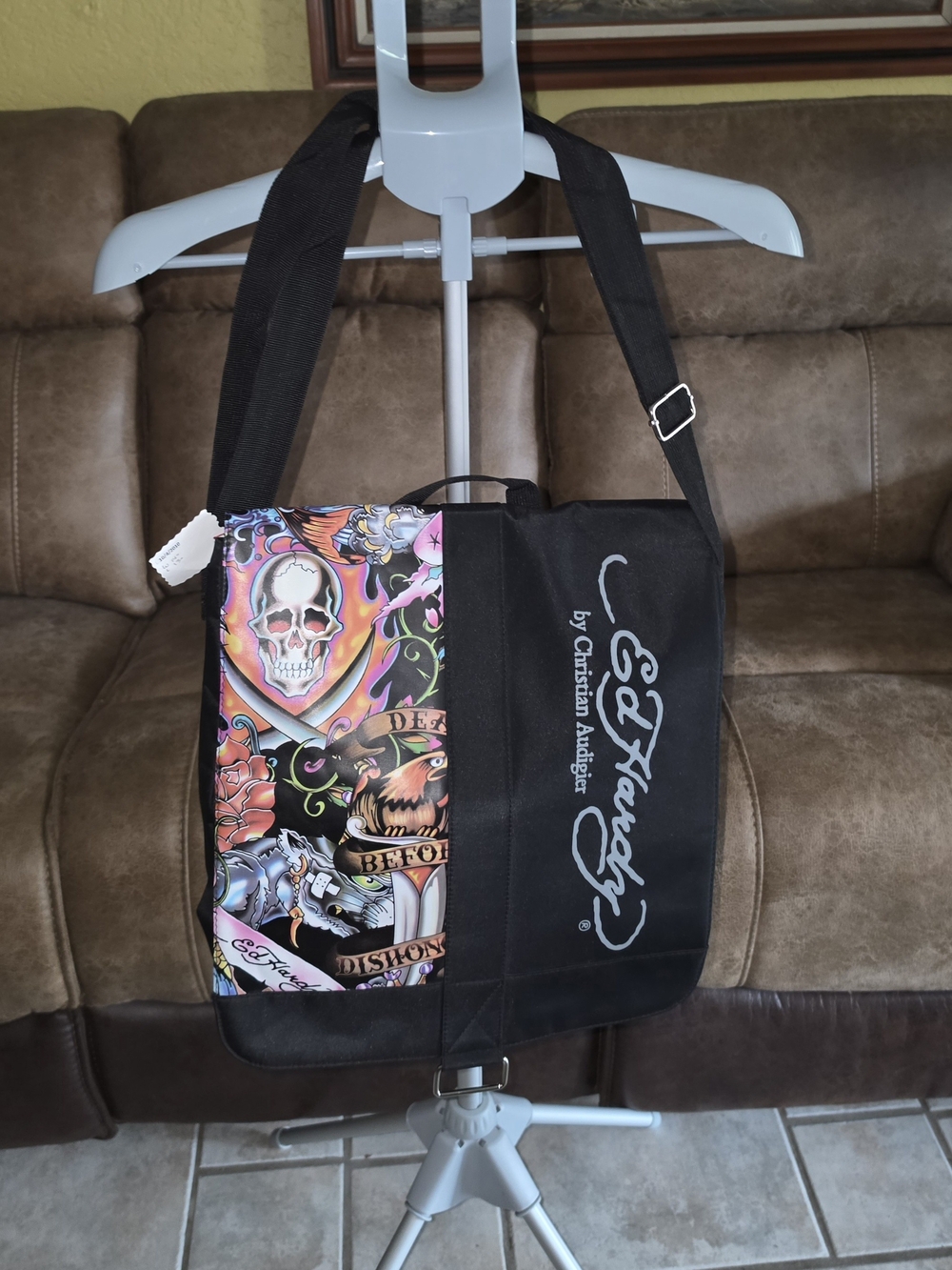 NWOT Ed Hardy Black Skull Tattoo Canvas Messenger Bag - Men